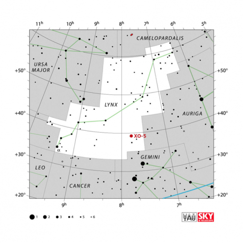 Poloha hvězdy XO-5 na obloze (v souhvězdí Rysa)