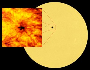 Detailní záběr velké sluneční skvrny pomocí ALMA na vlnové  délce 1,25 mm. Autor: ALMA (ESO/NAOJ/NRAO)
