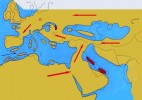 Schematická mapa jižní Evropy a severní Afriky v období spodního  miocénu, kdy nastalo krátkodobé spojení obou kontinentů pevninskou šíjí Blízkého východu. To umožnilo migraci afrických savců, např. mastodonta G. angustidens a dinotéria Prodeinotherium na sever přes Anatolii do Evropy a Asie.  Na západ do Evropy současně pronikaly Asií ze Severní Ameriky skupiny  např. křečkovitých hlodavců a koní (Anchi­therium, Hippothe­rium).  Podle: F. Rögl (1998), upraveno