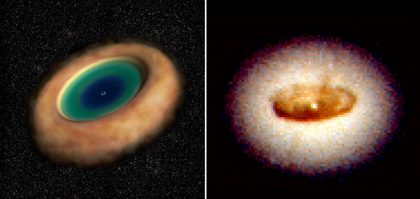 Vlevo umělecká představa plynné toroidální struktury obklopující jádro galaxie M77. Její podoba vznikla rekonstrukcí na základě radiových měření orbitální rychlosti plynu. Ve vesmíru nacházíme mnoho podobných útvarů. Toroidální geometrie je pravděpodobně druhá nejběžnější podoba kosmických těles hned po sférických hvězdách a planetách. Přesto je přesný výpočet gravitačního pole torů v mnohém dosud otevřená úloha (ilustrace: ALMA). Na snímku vpravo je zachycen torus v jádru galaxie NGC 4261 vyfotografovaný Hubbleovým kosmickým teleskopem (snímek: ESA/NASA).