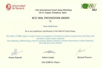 Ocenění za nejlepší přednášku na mezinárodní konferenci "12th International Comet Assay Workshop"