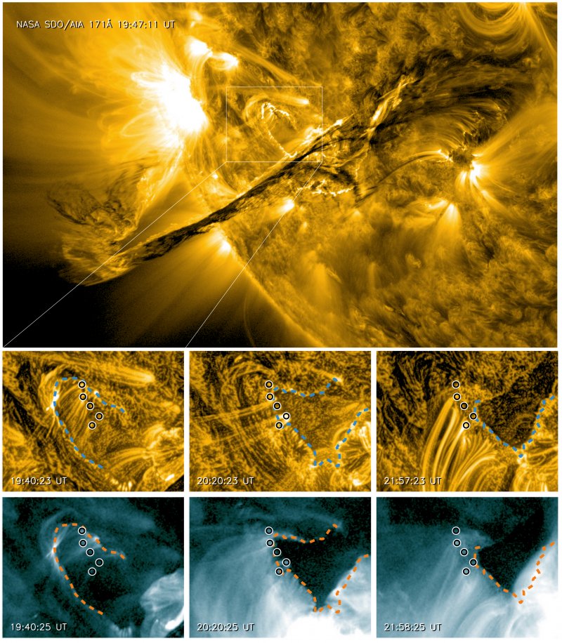 Erupce filamentu ze dne 31. srpna 2012, pozorována v extrémně-ultrafialové oblasti pomocí družice Solar Dynamics Observatory (NASA). Svrchní řada: Erupce pozorována ve filtru 171 Å. Prostřední řada: Detail vývoje levého háku a ukotvení jednotlivých vláken filamentu. Spodní řada: Detail vývoje horkých erupčních smyček pozorovaných ve filtru 94 Å.