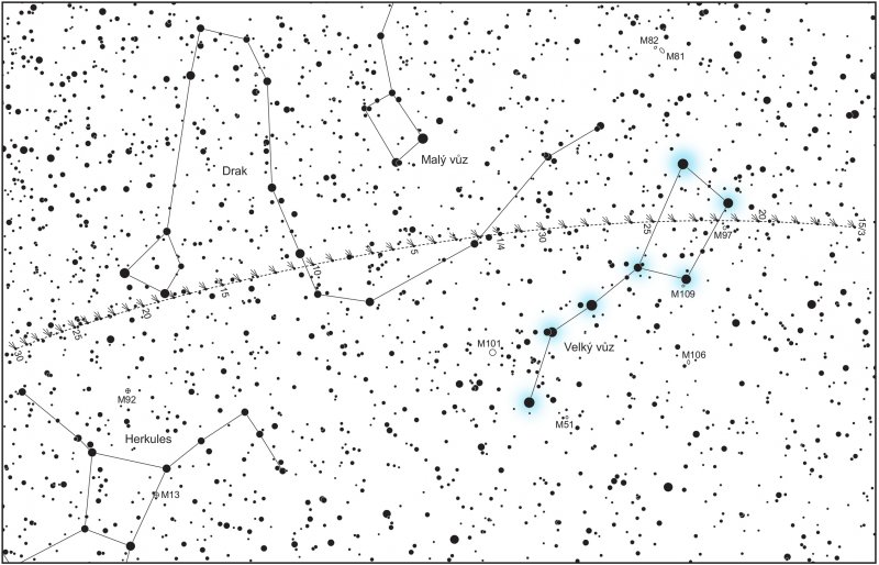 Mapka na vyhledání komety 41P/Tuttle-Giacobini-Kresák od 15. března (vpravo) do 30. dubna 2017 (vlevo). Zvýrazněn je známý útvar Velký vůz, který hledání komety velmi zjednoduší. Autor: Aleš Majer, KaL.