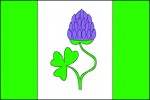 Realistická podoba jetele lučního (Trifolium pratense) na vlajce obce Lány, okres Rakovník, udělené v r. 1997