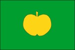 Jednoduchá a výrazná vlajka s jablkem obce Holovousy, okres Jičín, z r. 1996, kde se nachází Výzkumný a šlechtitelský ústav ovocnářský.