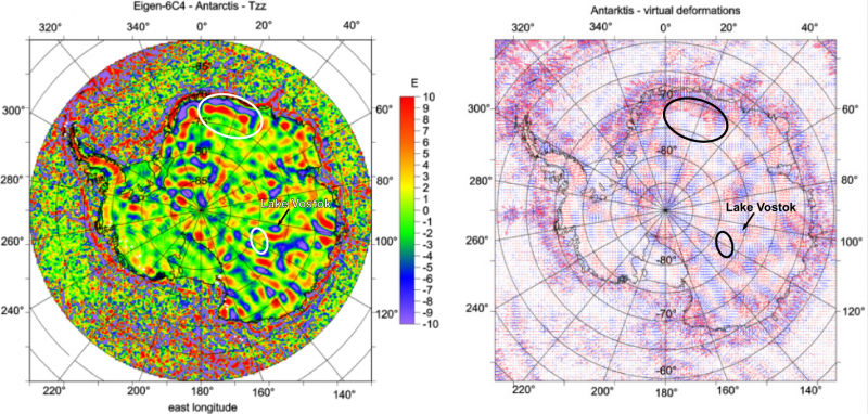 Mapa zz-složky Marussiho tensoru a virtuálních deformací antarktického kontinentu.