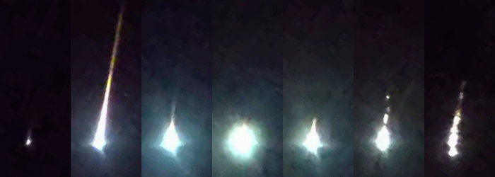 Obrázek 3. Výřezy z rychlonaváděcí kamery s malým zorným polem, která je umístěna v Ondřejově a která sleduje průběžně pohyb bolidu. Snímky odpovídají časovému rozmezí od 3:46:53.0 do 3:47:05.3 UT a je na nich patrná výrazná fragmentace hlavně v závěrečné části  letu. Čas narůstá zleva doprava (foto: Astronomický ústav AV ČR).
