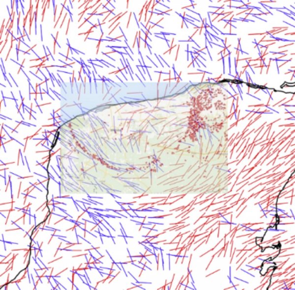 Úhly napětí kolem kráteru Chicxulub spolu s pásmem cenote (velkých a většinou hlubokých děr ve zdejším vápenci vyplněných vodou a užívaných Máji - jeden z postimpaktových procesů v oblasti).