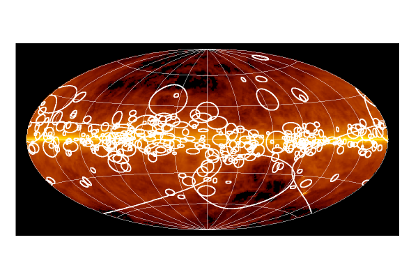 Celooblohová mapa neutrálního vodíku s překreslenými polohami HI obálek. 
