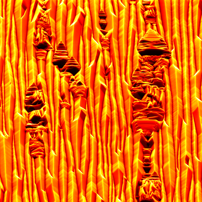 An image of "diamond folding". Observed at a tilt of 70 ° inside a TESCAN FERA3 GM scanning electron microscope (secondary electron signal), field of view of 10.4 µm.