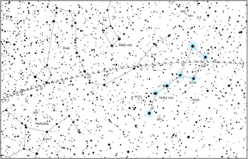 Mapka na vyhledání komety 41P/Tuttle-Giacobini-Kresák od 15. března (vpravo) do 30. dubna 2017 (vlevo). Zvýrazněn je známý útvar Velký vůz, který hledání komety velmi zjednoduší. Autor: Aleš Majer, KaL.