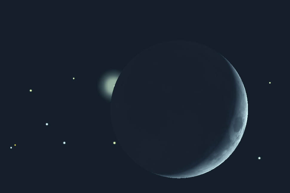 Pohled loveckým triedrem. Jasná Venuše mizí za okrajem Měsíce.