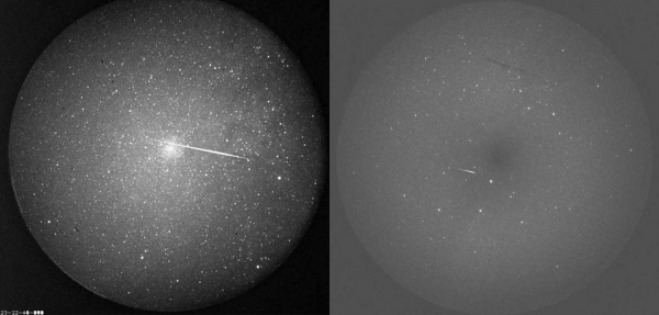 Ukázkový snímek jedné Drakonidy zaznamenané dvěma různými kamerami použitými ve studii. Vlevo je snímek z dlouhofokální kamery DMK, zatímco vpravo odpovídající snímek z kamery Maia s větším zorným polem. 