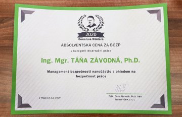 Ing. Mgr. Táňa Závodná, Ph.D., z Oddělení genetické toxikologie a epigenetiky ÚEM AV ČR, získala Cenu Lva Wintera v oblasti BOZP