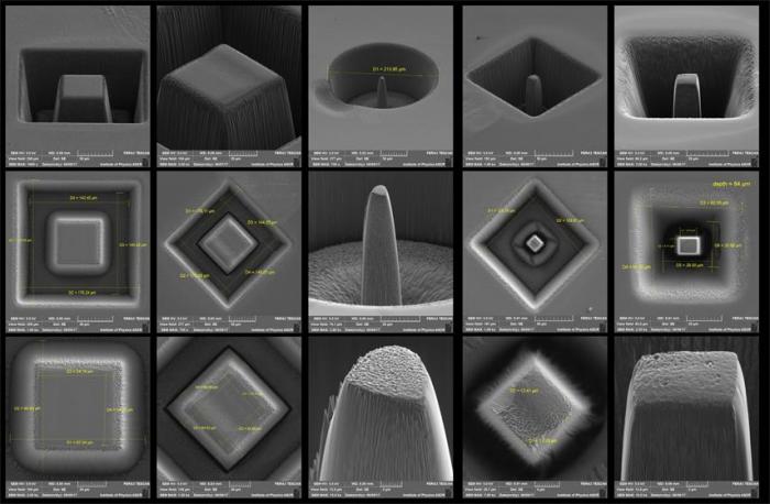 An example set of different magnetic shape memory micropillars prepared using focused Xe-ion beam milling