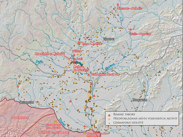 Tábory římské armády na území Moravy (s názvem lokality) a Dolního Rakouska.