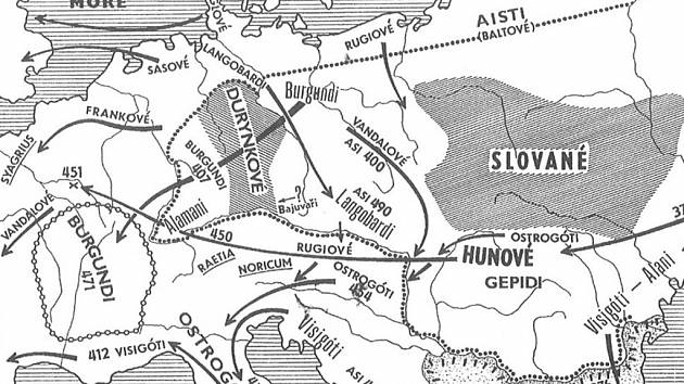 Schéma stěhování národů v Evropě (podle: Podborský 2008: Dějiny pravěku a rané doby dějinné).