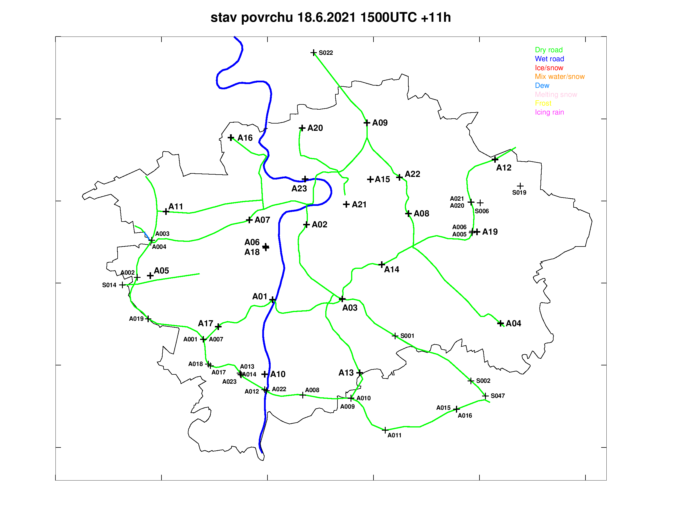 Předpověď stavu povrchu pražských silnic +11h
