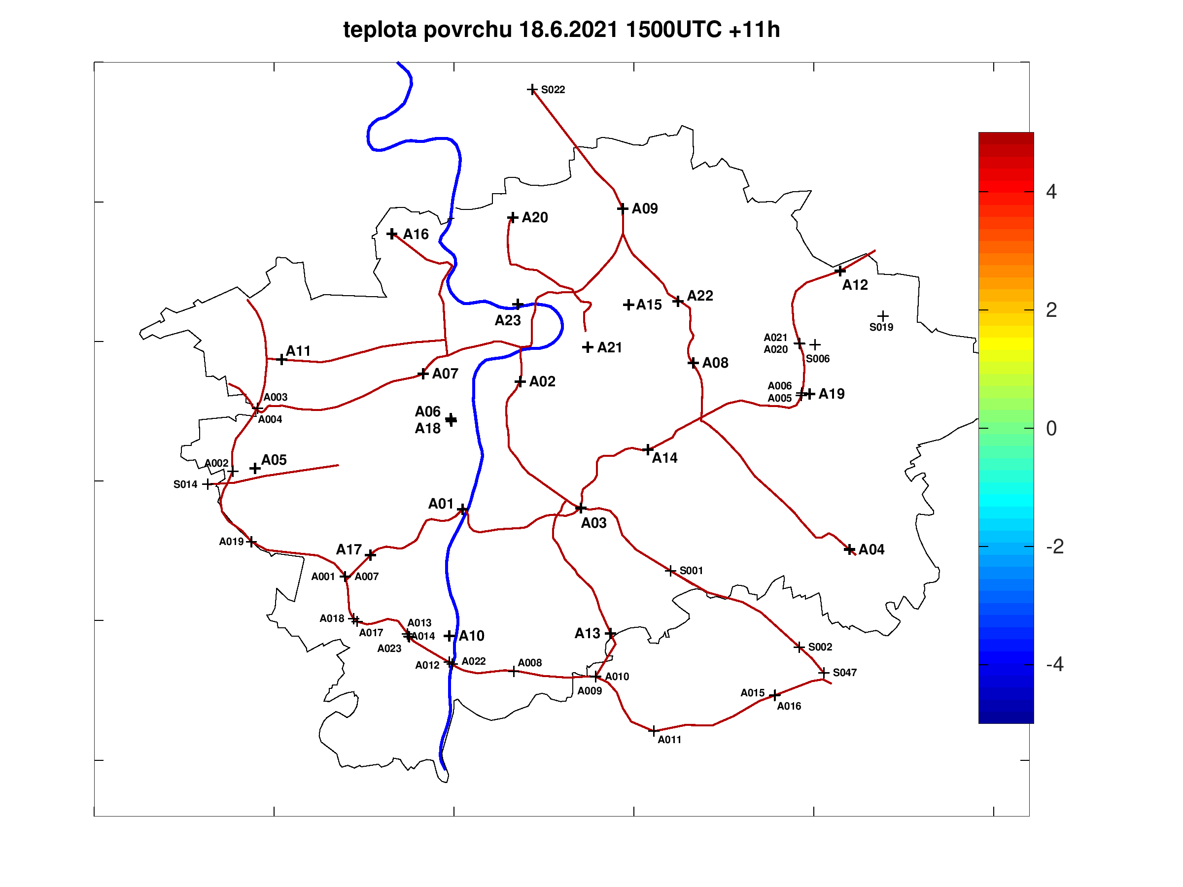 Předpověď teploty povrchu pražských silnic +11h
