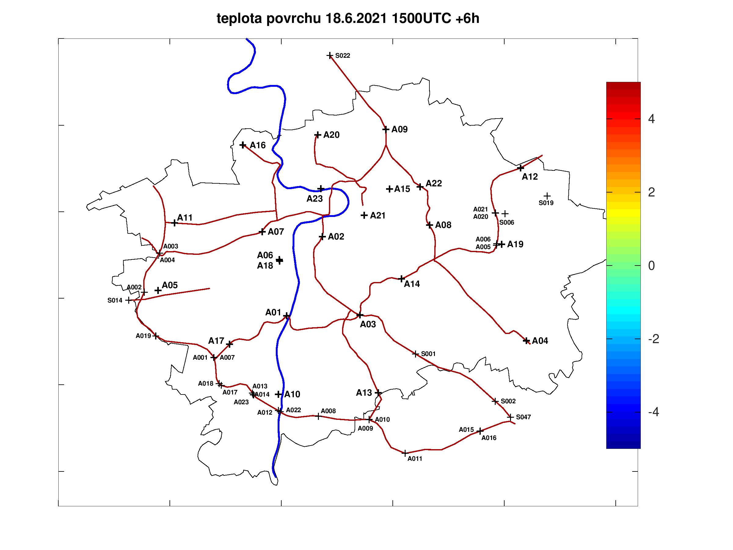 Předpověď teploty povrchu pražských silnic +6h