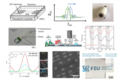 (upper left) Schematic and frequency response of diamond coated Love-wave surface acoustic wave sensors; (upper right) Diamond rotating ring-disk electrochemical electrodes; (middle left) Picture of hydrogenated nanocrystalline diamond based gas sensor; (centre) Schematic of gas sensor setup; (middle right) Dynamic sensing response curves of nanocrystalline diamond based response to NO2 gas; (bottom left) Electrochemical detection of dopamine using porous boron-doped diamond electrodes; (bottom centre) Scan