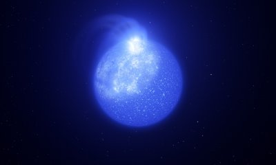 Malířova představa podtrpasličí horké hvězdy spektrálního typu B. U některých z těchto hvězd lze nalézt známky horkých skvrn, nejspíše v souvislosti s organizovanými magnetickými poli. © ESO