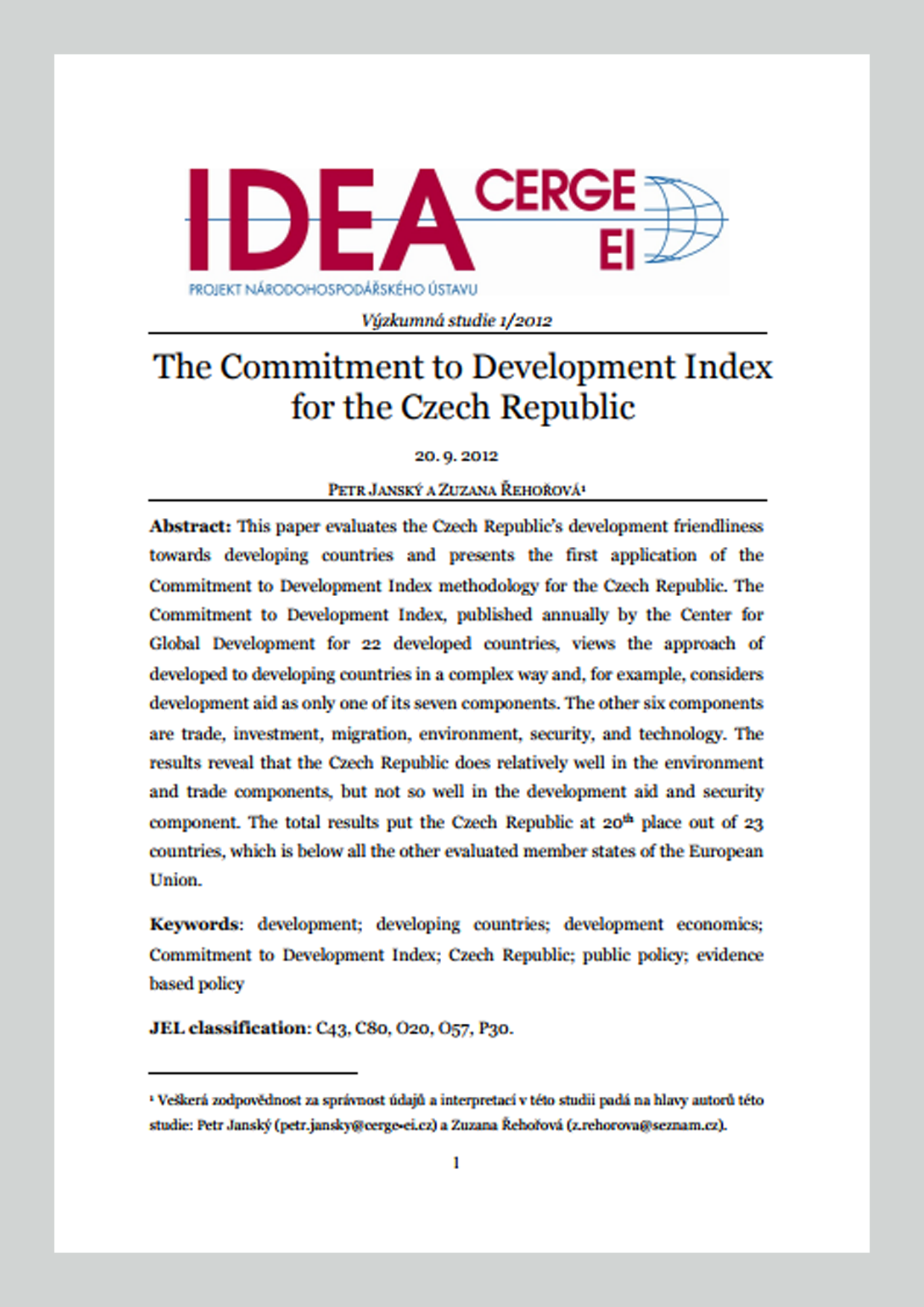 The Commitment to Development Index for the Czech Republic