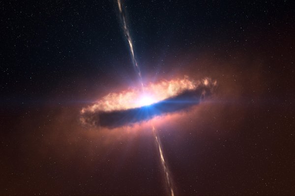 Malířova představa plynného akrečního disku kolem hmotné protohvězdy. Autor zachytil i protisměrné polární výtrysky v nichž je patrná vnitřní struktura. © ESO