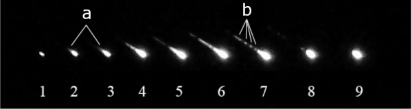 Ukázka vzhledu stopy bolidu EN080418_184736. Zobrazená sekvence celkově trvala 1,7 s. Prvním snímek ukazuje bolid těsně přes výskytem stopy (a), snímky 2 a 3 zobrazují stopu. Na snímku 4 vzniká vlečka (train) meteoru, která se na následujících záběrech štěpí. Snímek č. 9 je poslední snímek bolidu se stopou. 