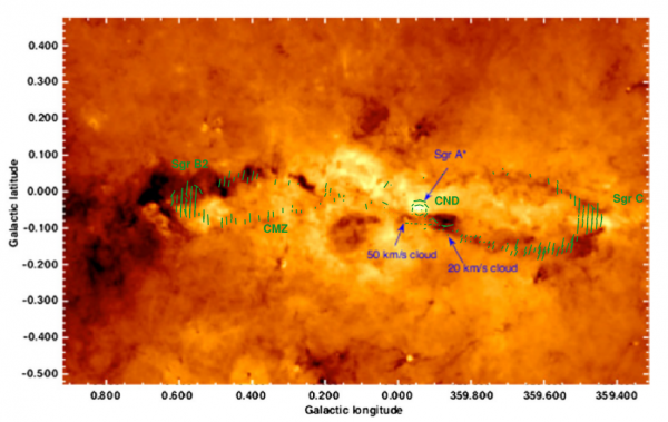 Teplotní mapa centra Galaxie a předpovězená polarizační mapa.