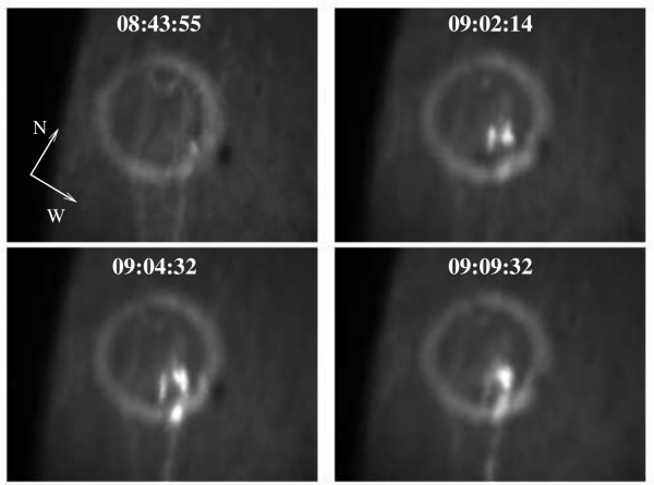 Snímky eruptivní oblasti v čáře Hα ve čtyřech různých časech dobře zachycují vývoj vláken erupce. Snímky eruptivní oblasti v čáře Hα ve čtyřech různých časech dobře zachycují vývoj vláken erupce.