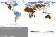 Aktuální stav půdní vlhkosti na globálně vyjádřený jako procento nasycení povrchové vrstvy půdy (do 100 cm hloubky).