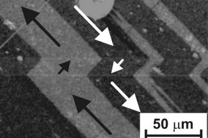 Detail magnetických domén uvnitř zdvojčatělé mikrostruktury se třemi doménami 