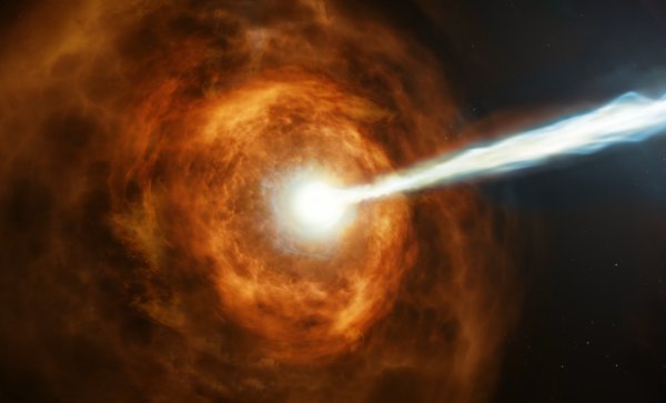 Malířova představa probíhajícího gama záblesku. © ESA/Hubble, M. Kornmesser