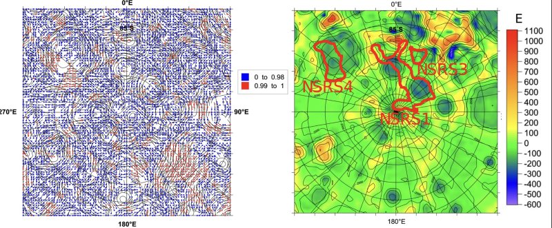 Obr. 2. Oblast kolem jižního pólu Měsíce, vlevo úhly napětí (největší učesanost červeně), vpravo druhé radiální derivace poruchového potenciálu (v jednotkách Eötvös) z nejnovějšího modelu gravitačního pole Měsíce z měsíčních družic (lunárních orbiterů), spolu s topografií měsíčního povrchu z laserového altimetru LOLA (vrstevnice). Tři oblasti označené červeně NSR S1, NSR S3 a NSR S4 s potenciálně na vodu bohatým permafrostem (regolitem) z nezávislých měření. Obrázky       J. Kostelecký, G. Kletetschka, K. Karimi dle výpočtů A. Bezděka z [1].