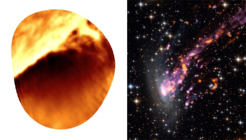 Ukázka dat pro praktické zpracování na workshopu. Vlevo: Galaktická medúza ESO137-001 v kupě galaxií v souhvězdí Pravítko. Vpravo: Sluneční protuberance v hledáčku dalekohledu ALMA.