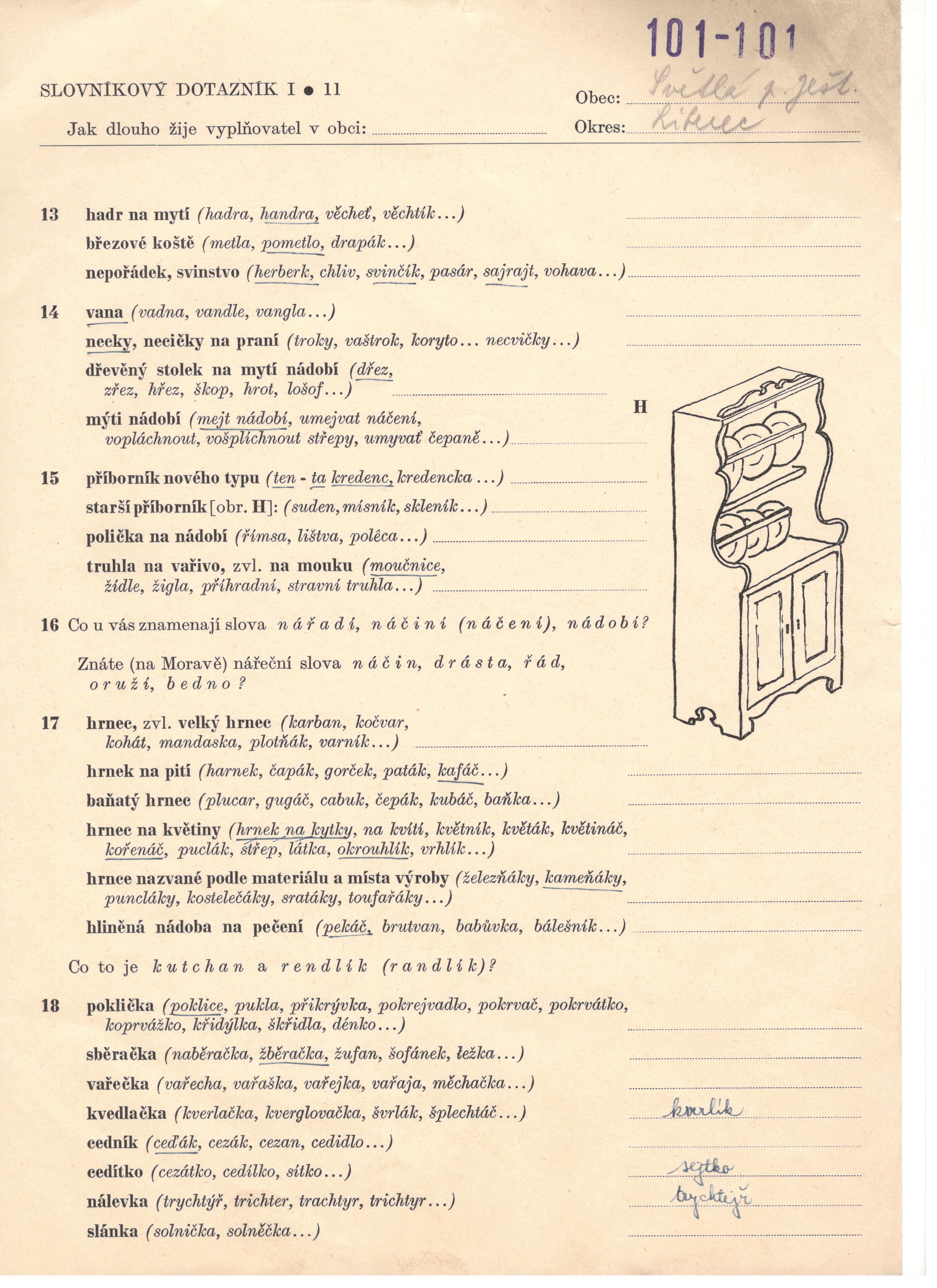 Ukázka Slovníkového dotazníku pro nářečí českého jazyka (část I, 1954; část II, 1958)