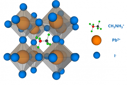Příklad perovskitové struktury jednoho z nejrozšířenějších hybridních organo-kovových perovskitů CH3NH3PbI3.