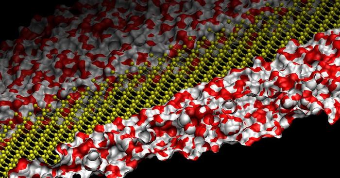 5-8th places Maryam Mansoori Kermani: The representation of a theoretical model containing a silicon crystal wafer and two water molecule layers, captured using the VMD (molecule dynamics visualisation) programme.