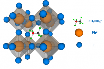 Example of perovskite structure of the most studied hybrid organo-metallic perovskite - CH3NH3PbI3.