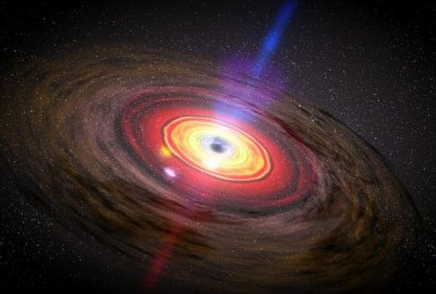 Umělecká představa obří černé díry uprostřed aktivní galaxie. Černou díru uprostřed bychom bez zářící okolní hmoty neviděli