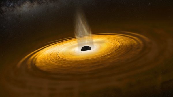 Malířova představa černé díry v jádře galaxie obklopené akrečním diskem a korónou vytvářenou polárním výtryskem. © ESA