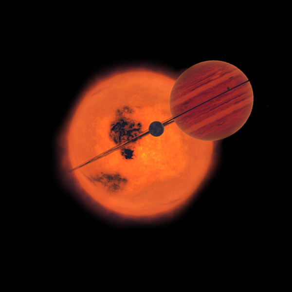 Malířova představa obří plynné planety obíhající rudého obra v pozdním stádiu vývoje. © Pablo Carlos Budassi 