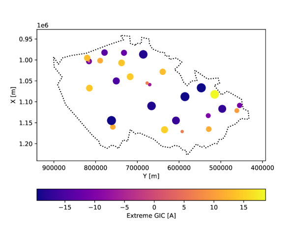 Maxima geomagneticky indukovaných proudů modelovaných v klíčových rozvodnách ČEPS pro období Halloweenských bouří. Záporný proud značí tok z podloží do rozvodny, kladný z rozvodné sítě do země. 