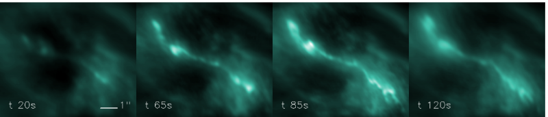 Momentky z pořízené sekvence snímků jemného vlákna erupce dalekohledem GREGOR. 