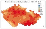 Rozpětí modelované změny teploty vzduchu pro období 2071–2100 (podle emisního scénáře A1B – při rychlém růstu ekonomiky a vývoji nových technologií, s vyváženým využíváním všech zdrojů energie; viz Mezivládní panel pro změnu klimatu). Zdroj obr. 2 a 3: Český hydrometeorologický ústav (2012)
