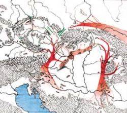 Refugia a migrační cesty xerotermních a stepních druhů ve střední Evropě. Cesty (červeně): S – sarmatská, I – ilyrská, D – dácká, Du – dunajská; brány (zeleně): M – Moravská, T – Třebovská, Č – Česká (labská); tečkovaně – hornaté oblasti. Nejsevernější refugium představovala Pramatra zasahující okrajově  na jižní Slovensko (Kováčovské kopce, Cerová vrchovina). Migrace z jihu se vyhýbají Uherské nížině, jak předpokládal již K. Domin a později rozvedl  J. Dostál (Věda přírodní 1933 a 1943). Orig. V. Ložek / © Foto V. Ložek