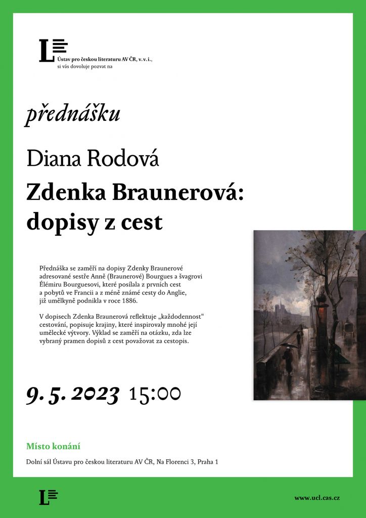 pozvánka na přednášku Diany Rodové Zdenka Braunerová: dopisy z cest