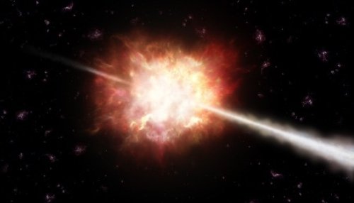 Obrázek znázorňuje naši představu gama záblesku. Jde o silné záblesky energetických paprsků gama, jež trvají méně než sekundu, ale také až několik minut. V tomto krátkém čase uvolňují obrovské množství energie, a tím se stávají nejenergetičtější událostí ve vesmíru. Předpokládá se, že jsou většinou spojeny s explozí hvězd, které se zhroutí do černých děr. Při explozi jsou vyvrženy dva proudy velmi rychle se pohybujícího materiálu, jak znázorňuje ilustrace. Pokud výtrysk míří k Zemi, vidíme krátký, ale silný gama záblesk.