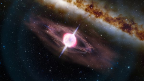 Schématická představa kolabující hvězdy produkující krátký záblesk záření gama. Gama záblesk se objevuje těsně před explozí celé hvězdy jako supernovy. CC-BY-SA International Gemini Observatory/NOIRLab/NSF/AURA/J. da Silva